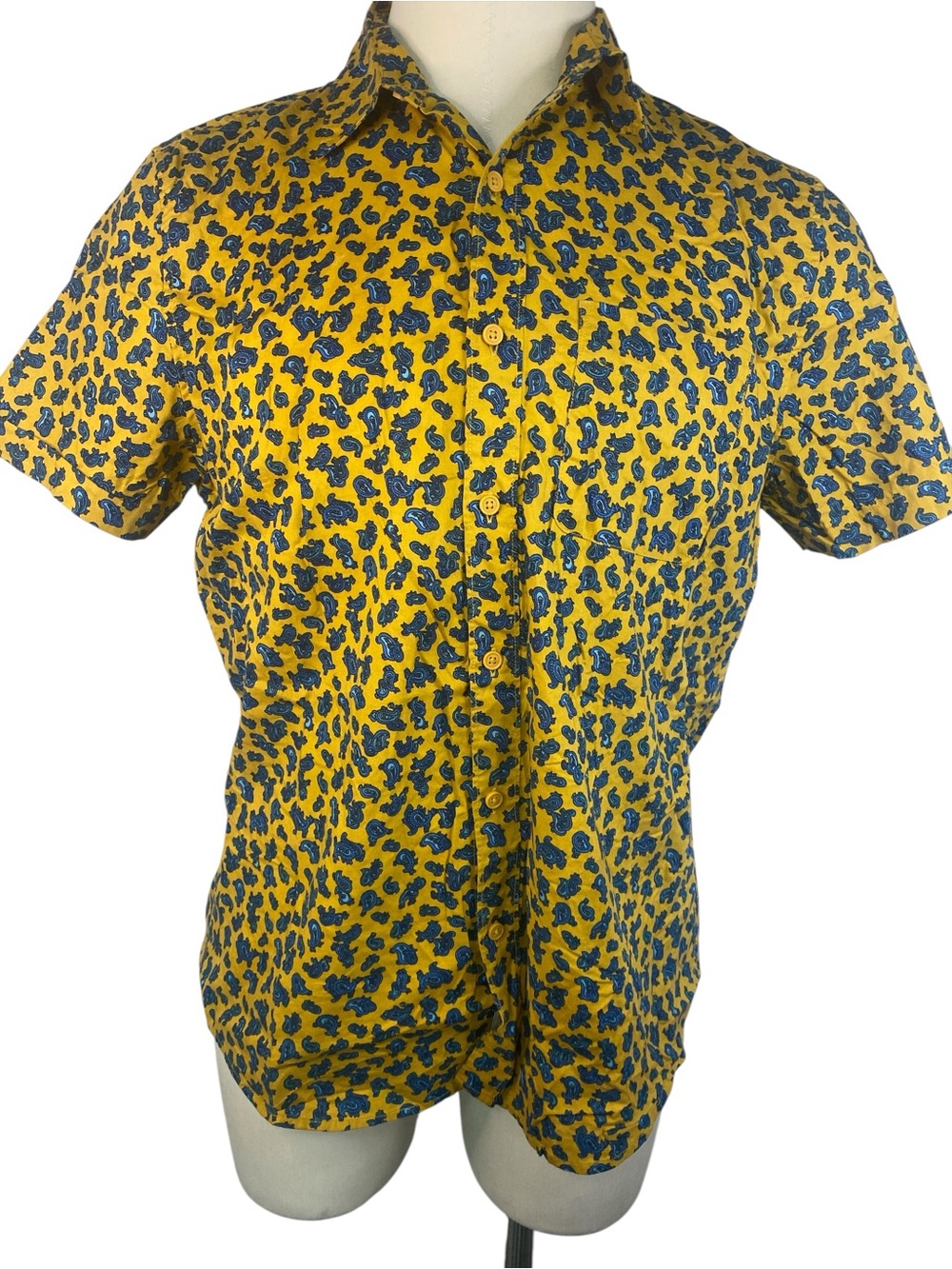 American Eagle Short-Sleeve Printed Button-Up Shirt - Yellow Blue Men’s Large